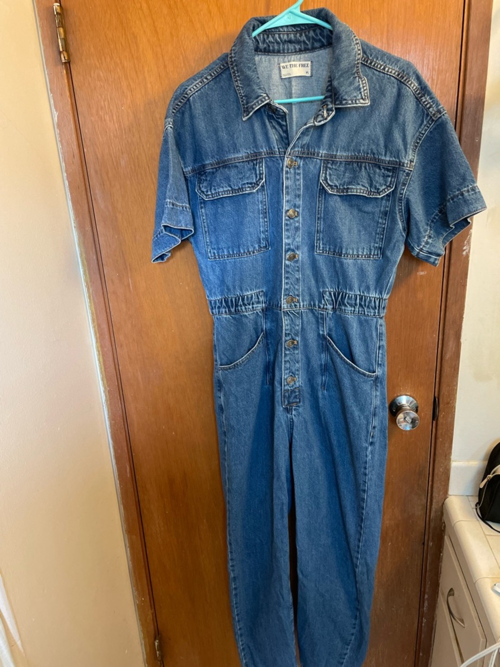 We the Free Vintage-Inspired Short Sleeve Denim Jumpsuit in Mid Blue